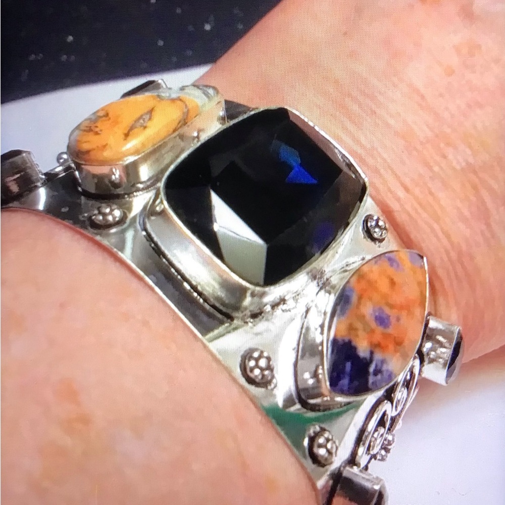 Blue Sapphire Sodalite Stamped Solid 925 Sterling Silver Cuff Bracelet